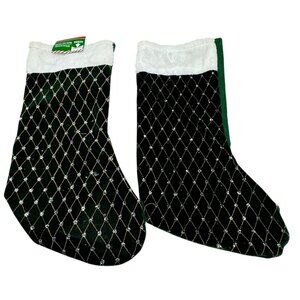 Green & White Velvet Christmas Stockings Set Of 2 With Gold Lattice Glitter READ